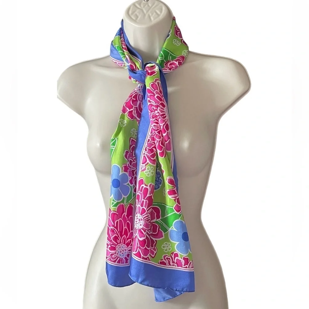 Lilly Pulitzer 100% Silk Ford Floral Scarf Blue Pink Cancer Awareness Versatile